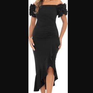 (16) NWT XSCAPE Ruffle Off the Shoulder Midi Cocktail Dress